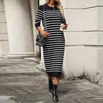 Платье женское осень-весна с круглым вырезом, полосатым принтом, облегающим кроем, длинными рукавами, прямой, длиной до середины икры, трикотажное M абрикосовый