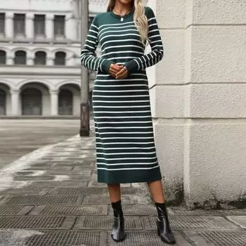 Платье женское осень-весна с круглым вырезом, полосатым принтом, облегающим кроем, длинными рукавами, длиной до середины икры, трикотажное платье миди для свиданий и поездок на работу S абрикосовый