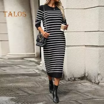 Платье женское осень-весна с круглым вырезом, полосатым принтом, облегающим кроем, длинными рукавами, длиной до середины икры, трикотажное платье миди для свиданий и поездок на работу S белый