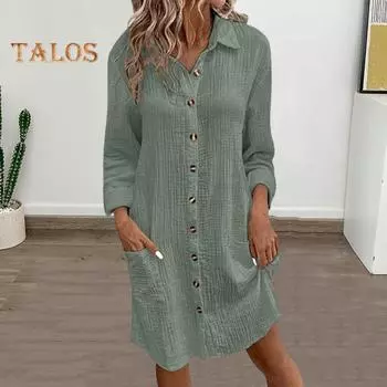 Платье женское осень-весна с отложным воротником, свободные длинные рукава, однобортное, однотонное, рубашечного типа, OL, миди-платье для поездок на работу XXL зелёный