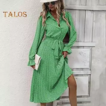 Платье женское осень-весна с отложным воротником, V-образным вырезом, длинными рукавами, А-силуэта, однобортное, со шнуровкой на талии, плиссированное, с цветочным принтом, миди-платье S чёрный