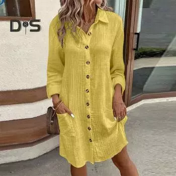 Платье женское осень-весна с отложным воротником, свободные длинные рукава, однобортное, однотонное, рубашечного типа, OL, миди-платье для поездок на работу XXL зелёный