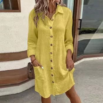 Платье женское осень-весна с отложным воротником, свободные длинные рукава, однобортное, однотонное, рубашечного типа, OL, миди-платье для поездок на работу XXL зелёный