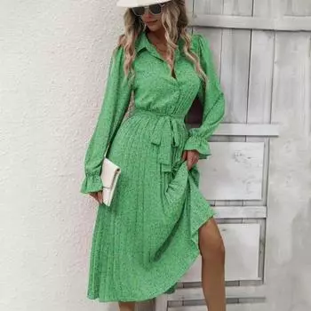 Платье женское осень-весна с отложным воротником, V-образным вырезом, длинными рукавами, А-силуэта, с широкими рукавами, однобортное, со шнуровкой S розы красного