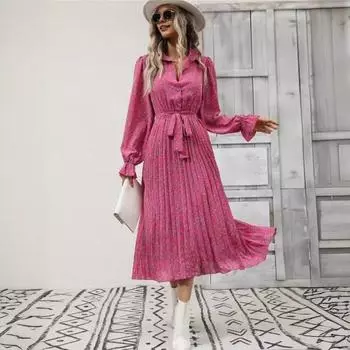 Платье женское осень-весна с отложным воротником, V-образным вырезом, длинными рукавами, А-силуэта, однобортное, со шнуровкой на талии, плиссированное, с цветочным принтом, миди-платье S розы красного