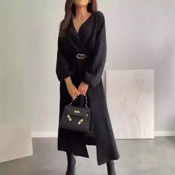 Платье женское осень-весна с V-образным вырезом, длинными рукавами, высокой талией, разрезом по низу, свободное, однотонное, для поездок на работу и свиданий, макси-платье M синий