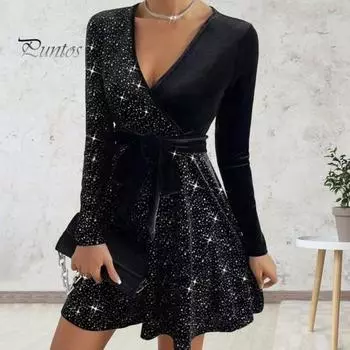 Платье женское осень-весна с V-образным вырезом, шнуровкой, узкой талией, декором из пайеток, А-силуэта, большим подолом, длинными рукавами, мини-платье для выпускного вечера S красный