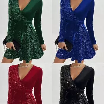 Платье женское осень-весна с V-образным вырезом, шнуровкой, узкой талией, декором из пайеток, А-силуэта, большим подолом, длинными рукавами, мини-платье для выпускного вечера S чёрный