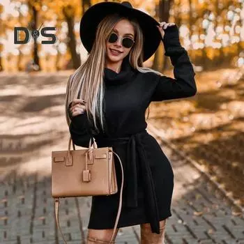 Платье женское осень-зима на шнуровке с высокой талией, высоким воротником, длинными рукавами, облегающее, плотное, теплое, мини-платье M фиолетовый