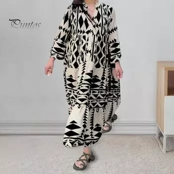 Платье женское осенне-весеннего покроя с воротником-стойкой, с цветовым сочетанием, с принтом в стиле бохо, однобортное, плиссированное, в стиле пэчворк, А-силуэта, свободное макси-платье 2XL синий