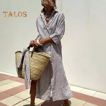 Платье женское осенне-весеннего типа с отложным воротником, рукавами три четверти, А-силуэта, однобортное, со шнуровкой, высокой талией, повседневное, с разрезом по низу, макси-платье L светло-коричневого