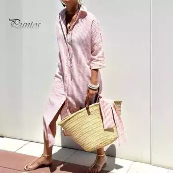 Платье женское осенне-весеннего типа с отложным воротником, рукавами три четверти, А-силуэта, однобортное, со шнуровкой, высокой талией, повседневное, с разрезом по низу, макси-платье L розовый