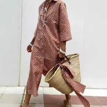 Платье женское осенне-весеннего типа с отложным воротником, рукавами три четверти, А-силуэта, однобортное, со шнуровкой, высокой талией, повседневное, с разрезом по низу, макси-платье M розовый