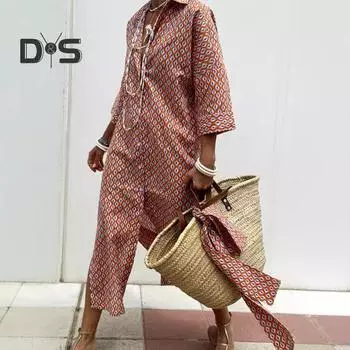 Платье женское осенне-весеннего типа с отложным воротником, рукавами три четверти, А-силуэта, однобортное, со шнуровкой, высокой талией, повседневное, с разрезом по низу, макси-платье L красный