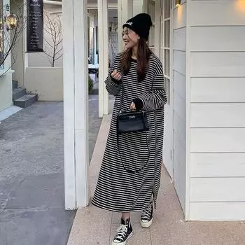 Платье женское осенне-зимнее новое с разрезами по низу, с длинными рукавами, свободное и тонкое one size fits all чёрный