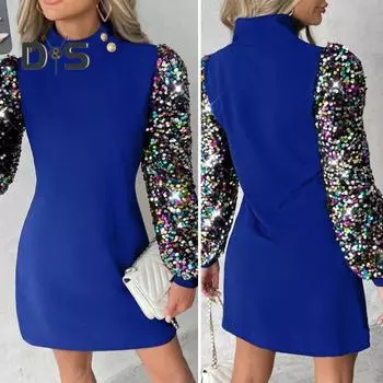 Платье женское осенне-зимнее с блестками, с длинным рукавом, облегающее, с узким талией, с воротником-стойкой, с пуговицами, в стиле пэчворк, длиной выше колена, для выпускного вечера, мини 2XL чёрный