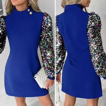 Платье женское осенне-зимнее с блестками, с длинным рукавом, облегающее, с узким талией, с полувысоким воротником, декором на пуговицах, в стиле пэчворк, мягкое, выше колена, для вечеринки, выпускного вечера, мини 2XL чёрный