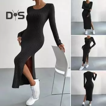 Платье женское осенне-зимнее с разрезом по низу, облегающее, с длинным рукавом, круглым вырезом, в полоску, однотонное, трикотажное, обтягивающее, длиной до середины голени, женское платье миди S светло-серый