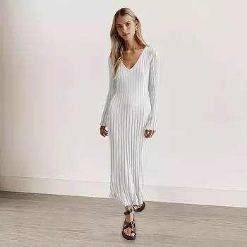 Платье женское осенне-зимнее с V-образным вырезом, свободные, с длинными рукавами, однотонное, трикотажное, с тонкой талией, макси-платье, эластичное, повседневное, для свиданий, поездок на работу S бежевый