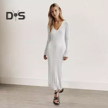 Платье женское осенне-зимнее с V-образным вырезом, свободные, с длинными рукавами, однотонное, трикотажное, с тонкой талией, макси-платье, эластичное, повседневное, для свиданий, поездок на работу L белый