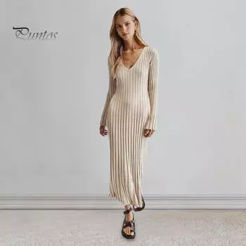 Платье женское осенне-зимнее с V-образным вырезом, свободные, с длинными рукавами, однотонное, трикотажное, с тонкой талией, макси-платье, эластичное, повседневное, для свиданий, поездок на работу S чёрный