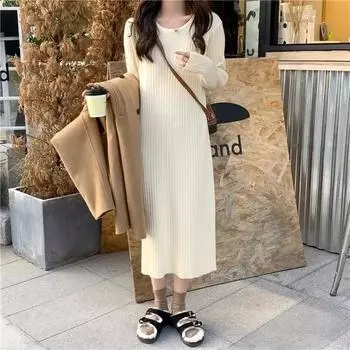 Платье женское осеннее и зимнее, трикотажное платье с длинным рукавом, женское свободное платье средней длины, свитер выше колена, нижнее платье One Size чёрный