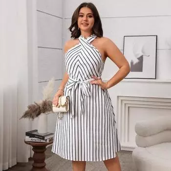 Платье женское полосатое платье-халтер модное 1XL белый