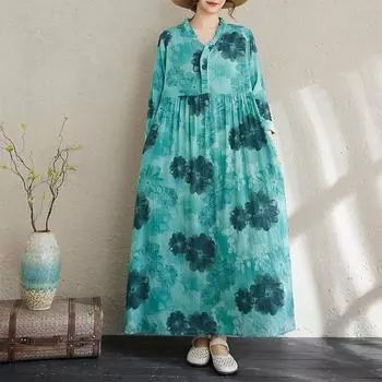 Платье женское повседневное свободное весеннее осеннее с длинным рукавом, большого размера, хлопковое, винтажное, с цветочным принтом, новинка L