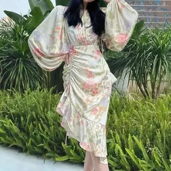 Платье женское с французским принтом, нишевый дизайн высокого класса, рукава-фонарики, нерегулярный рыбий хвост, обхват бедер S