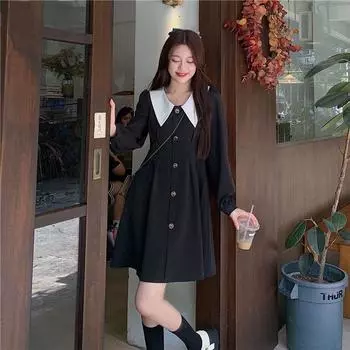 Платье женское с пуговицами, дизайн для отдыха, мини, элегантное, пэчворк, с длинным рукавом, воротник Питер Пэн, платья для весенних девушек-школьниц S чёрный