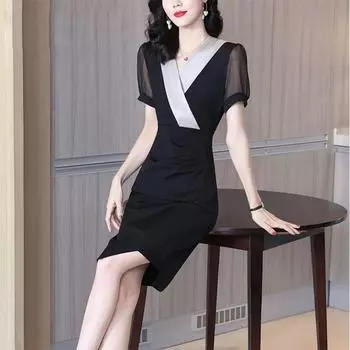 Платье Женское, с v-образным вырезом, подолом, неравномерной талией и тонким темпераментом, черная юбка на бедрах, одношаговая юбка XXXL чёрный