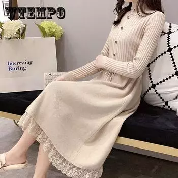 Платье женское с высоким воротом, вязаные пуловеры, одежда с талией, водолазкой, длинным рукавом, кружевное платье-свитер XXL красный