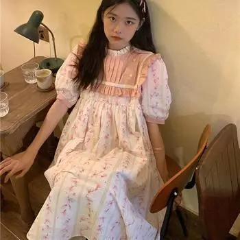 Платье женское, трапециевидное, милое, для девочек, повседневное, студенческое, универсальное, девичье, с пышными рукавами, в стиле пэчворк, милый женский дизайн, с круглым вырезом, Ulzzang Chic