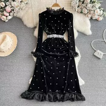 Платье женское в стиле «сладкий стиль» с расклешенным длинным рукавом, ромбовидной стойкой, бархатное, с высокой талией, А-силуэтные платья осень-зима, модный дизайн, праздничная одежда M чёрный