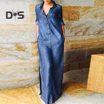 Платье женское весна-лето, однотонное, свободного покроя, из денима, с отложным воротником, с длинным рукавом, длиной до щиколотки, с пуговицами, разрезом по низу, большого размера, в стиле бохо, для поездок на работу, макси-платье 2XL светло-синий