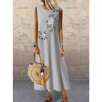 Платье-жилет из хлопка и льна с круглым вырезом без рукавов с принтом для женщин, повседневные платья L серый