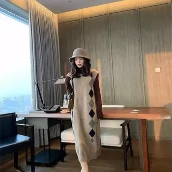 Платье-жилет, кокон выше колена, средней длины, без рукавов, трикотажное платье, женское винтажное платье-жилет с длинными рукавами, женское платье-свитер One Size серый