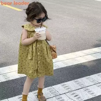 Платья Bear Leader для девочек, летний кукольный воротник, жилет в горошек, свободная однобортная детская одежда AZ3375 3T