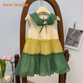 Платья Bear Leader для девочек, летняя сетчатая многослойная кружевная детская одежда трапециевидной формы без рукавов с бантом AM2602 2T