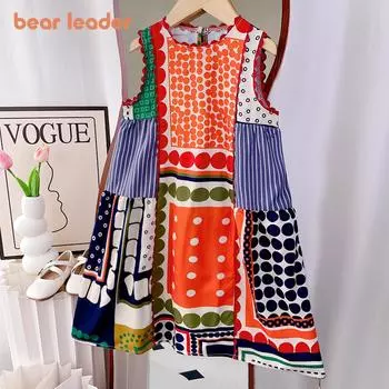 Платья Bear Leader для девочек, летняя яркая лоскутная одежда без рукавов, винтажная детская одежда в волнистую полоску, AZ4130 3T