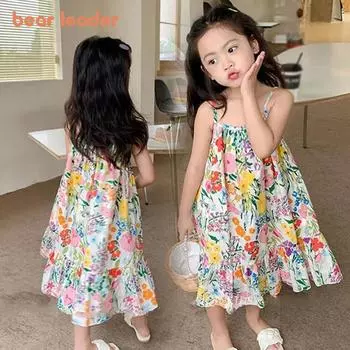 Платья без рукавов для девочек Bear Leader Новое красочное верхнее платье с принтом полевых цветов и сумкой Детская одежда в европейском и американском стиле AM1674 4T