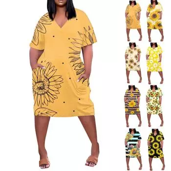 Платья больших размеров для пышных женщин, лето 2024, повседневное платье-футболка с короткими рукавами, миди-платье с карманами, трапециевидное пляжное платье для отдыха L бежевый