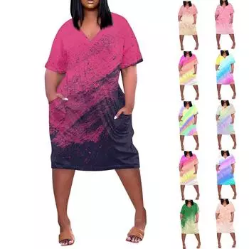 Платья больших размеров для пышных женщин, лето 2024, повседневное платье-футболка с короткими рукавами, миди-платье с карманами, трапециевидное пляжное платье для отдыха L циан