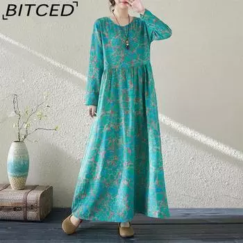 Платья больших размеров для женщин с мятым цветочным принтом в праздничном стиле с круглым вырезом, винтажные длинные платья из хлопка и льна L озеро синий
