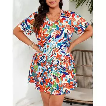 Платья больших размеров для женщин, летние, новые, с коротким рукавом, повседневные, мини-платья больших размеров, модная женская одежда, праздничное платье-миди в стиле бохо 0XL красный