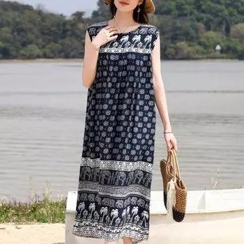 Платья больших размеров для женщин, летняя винтажная одежда, свободное элегантное длинное платье без рукавов XL