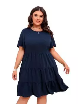 Платья больших размеров со складками и короткими рукавами, летняя мода 2024, винтажное платье миди, пышное повседневное платье-миди, однотонное платье L тёмно-синий