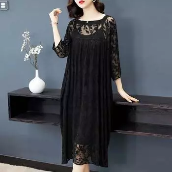 Платья больших размеров женские черные кружевные летние свободные полые тонкие длинные платья миди L чёрный