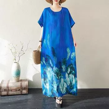 Платья большого размера, летние, свободного покроя, в стиле бохо, с круглым вырезом, шелковое платье в стиле ретро, большого размера, для отдыха на пляже One Size