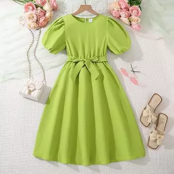 Платья для девочек 7-12 лет, летнее новое длинное платье, темпераментная талия, модная юбка-фонарик с широкими рукавами и широкими качелями 130cm/8Y зелёный